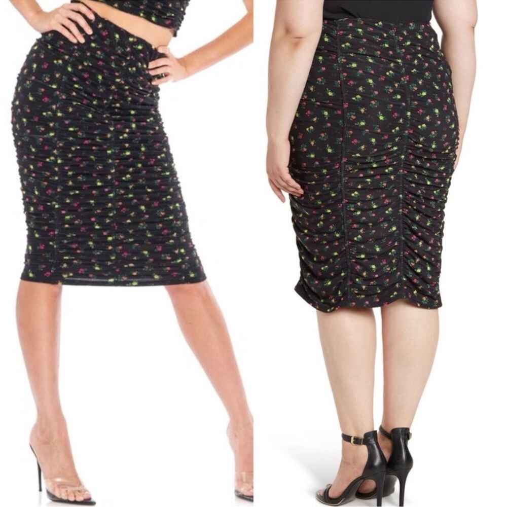 AFRM Black Noha Neon Ditsy Floral Print Ruched Mesh Pencil Skirt Plus Size 2X